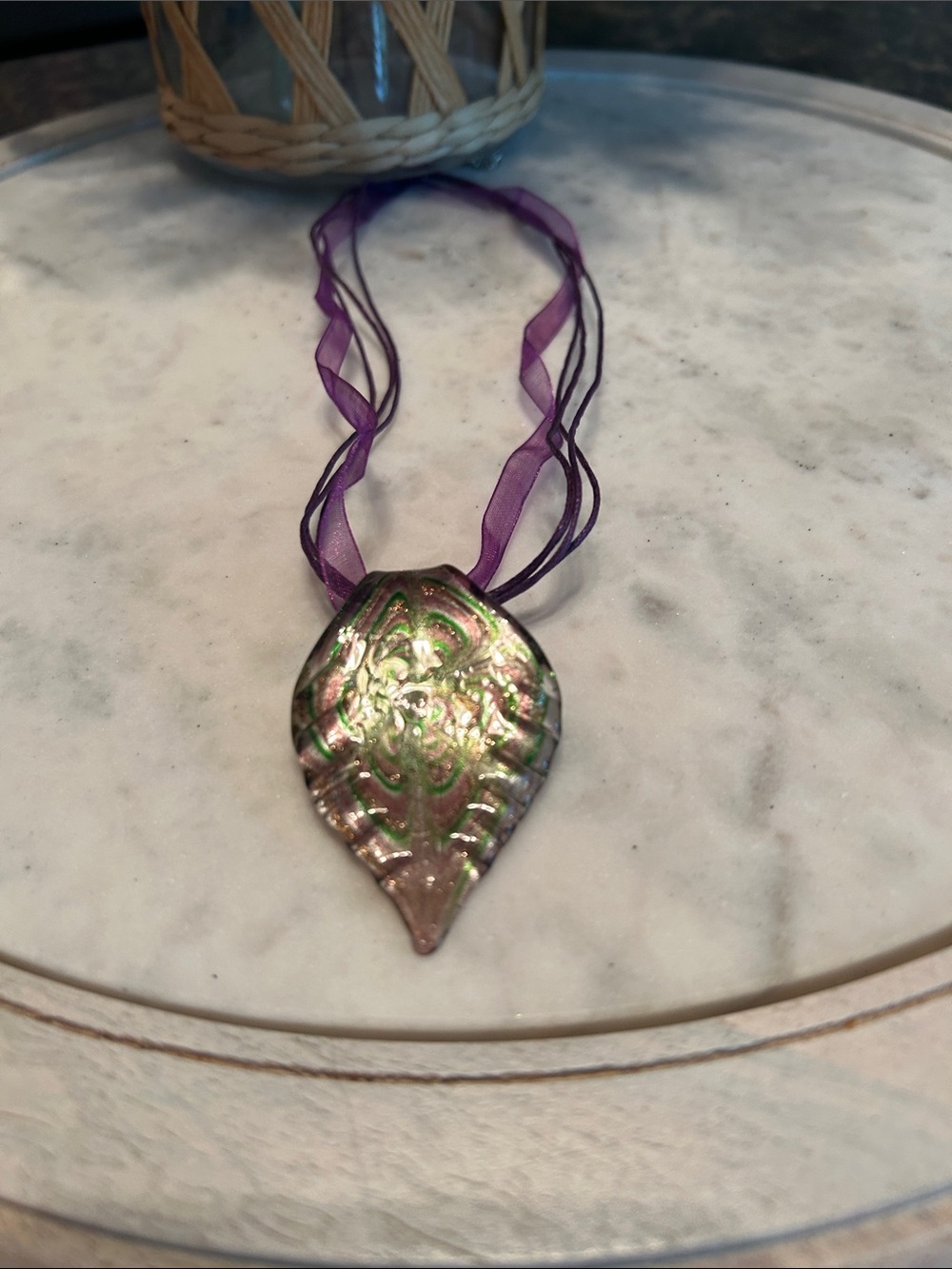 Iridescent Leaf Pendant Necklace with Purple Ribbon